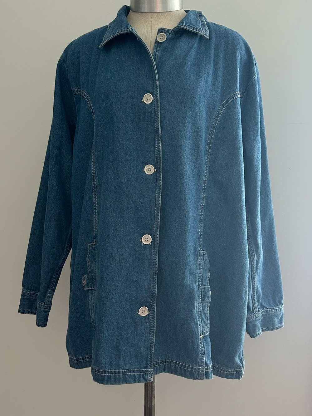 Tudor Court Women’s XL Denim Chore Jacket Blue Longline Button Front 100% Cotton - Picture 2 of 8